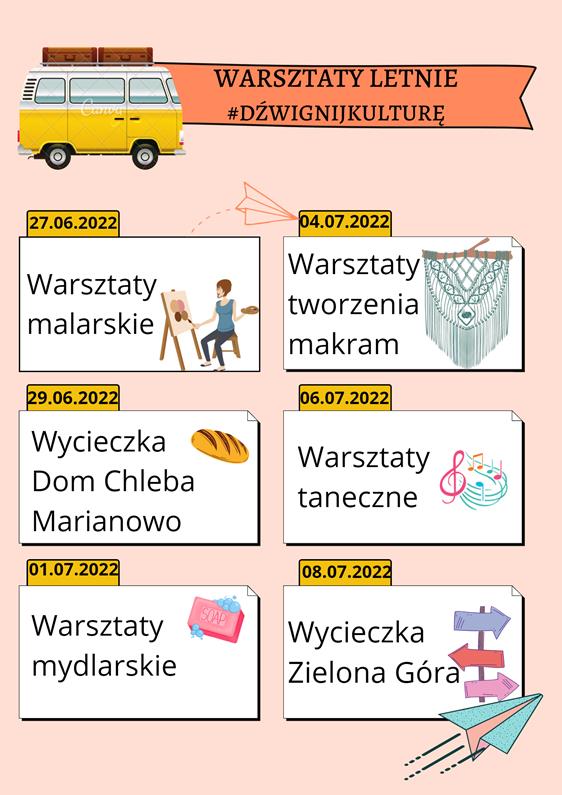 Plakat Warsztaty Lenie #DŹWIGNIJKULTURĘ. Plakat wykazuje sześć warsztatów malarski, makrama, taneczne, mydlarskie, wycieczka Dom Chleba, wycieczka Zielona Góra jakie się odbędą